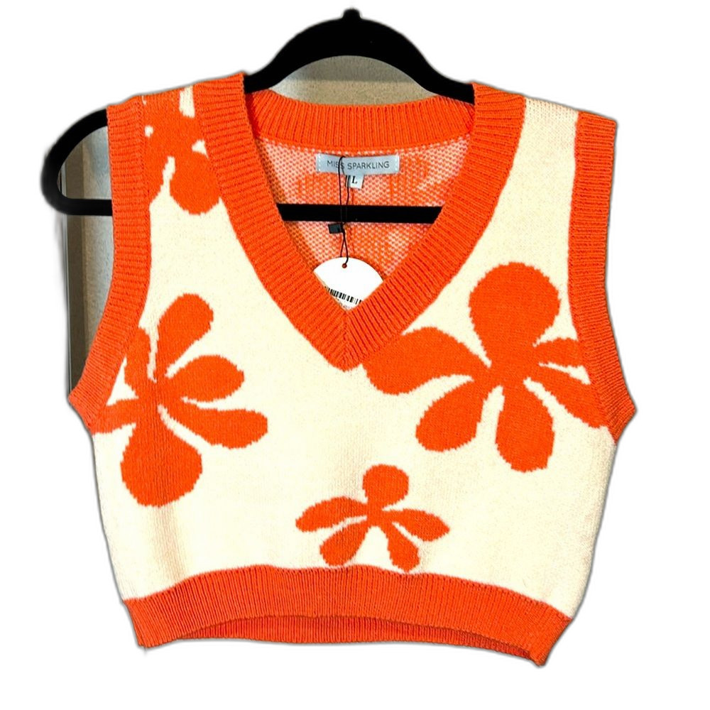 Hawaiian Floral Crop Sweater Coral Cream Tropical V Neck Sleeveless Size L NWT